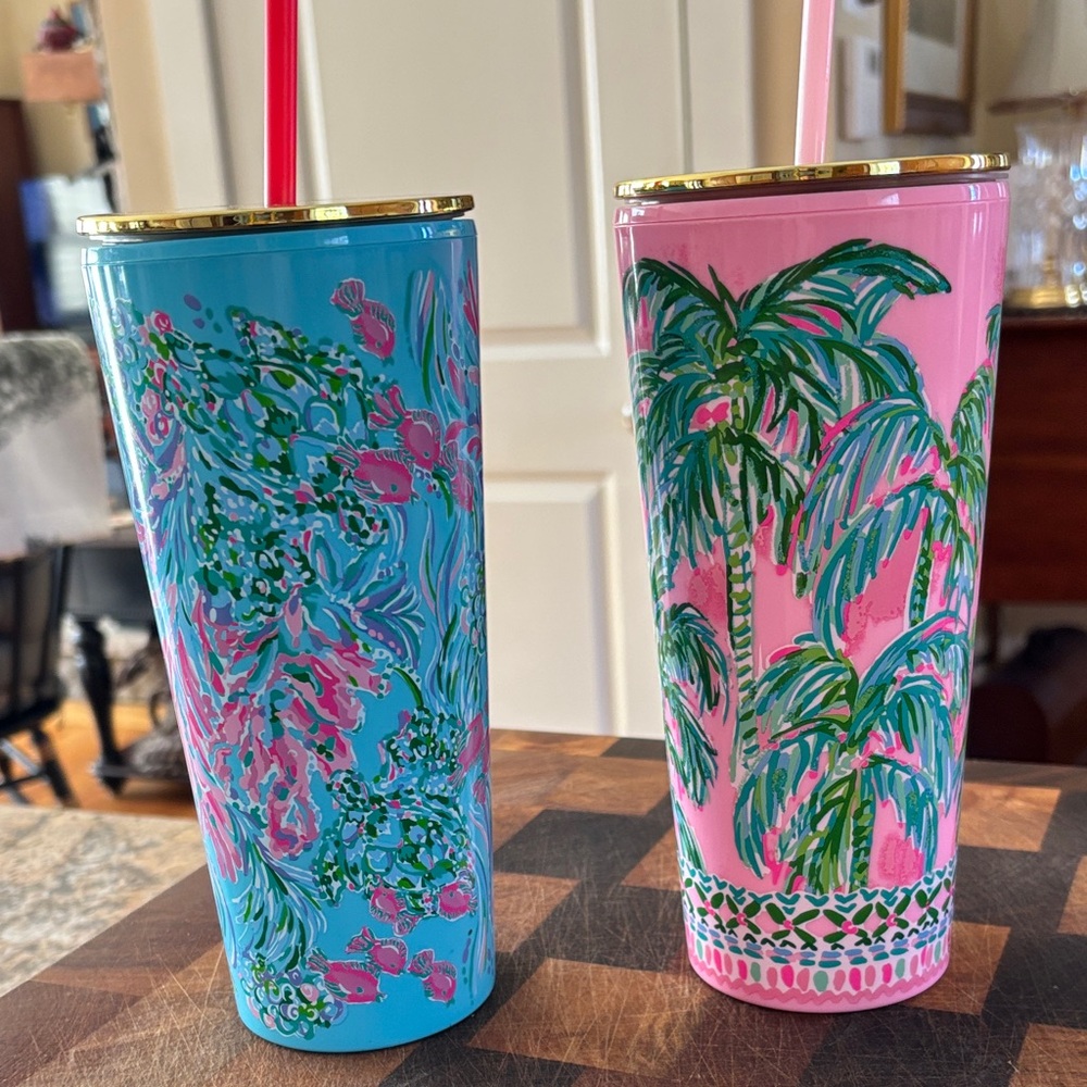 SET of 2 Lilly Pulitzer Blue and Pink Travel Tumbler Set with straws.